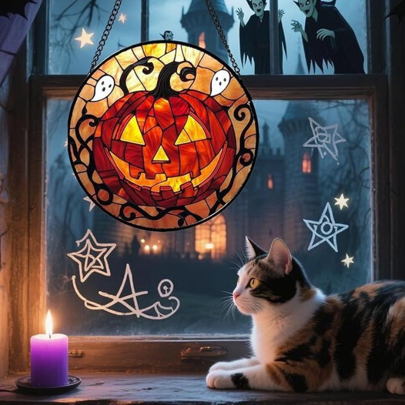 Halloween Stained Glass Pumpkin Suncatcher Adorable Ghost Design Hanging Window Decor for Indoor Outdoor Holiday Party