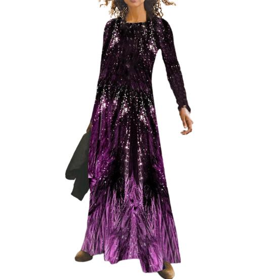 

Леди Нижние юбки размера плюс длинное платье с принтом и блестками Весеннее тонкое платье макси с круглым вырезом для банкета 3XL фиолетовый