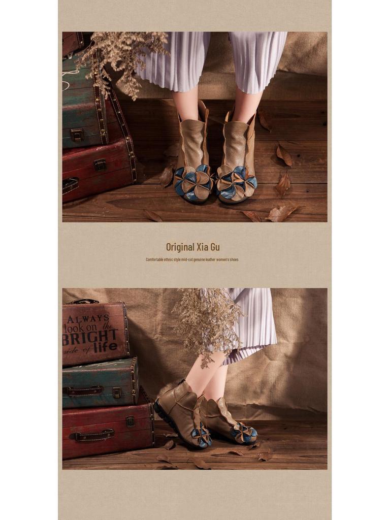 Damen Retro Leder Martin Kurzstiefel: Dicksohlige, dickabsatzige Stiefel mit Reißverschluss hinten für Herbst/Winter