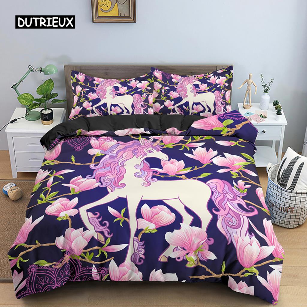 Unicorn Duvet Cover Set Cartoon Animal Bedding Set Single Twin King For Kids Girls Polyester Romantic Theme Star Comforter Cover