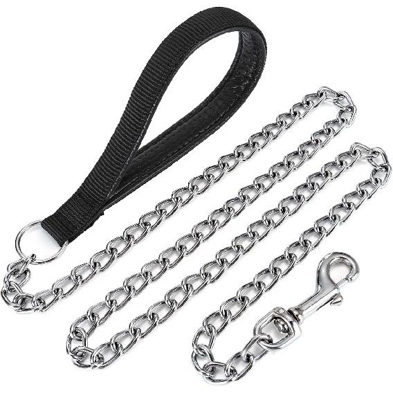 CozyCabin Chain Dog Leash, 4FT Heavy Duty Chain Link Dog Leash Anti Chew Durable Chain Leash with Black Comfortable Soft Padded Handle for Large & чёрный