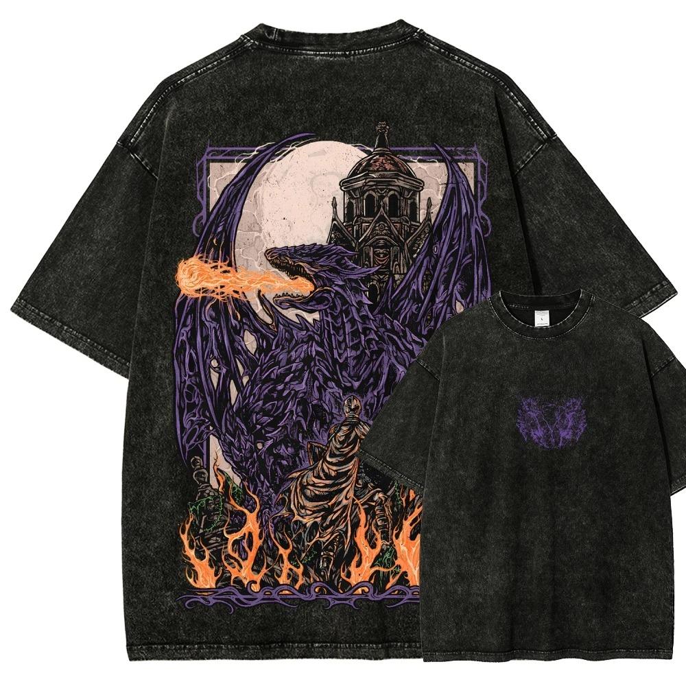 Dark Souls Lordo Sepolcrale Nito & Falò Lavaggio Vintage Oversize Unisex Streetwear T-shirt Donna e Uomo