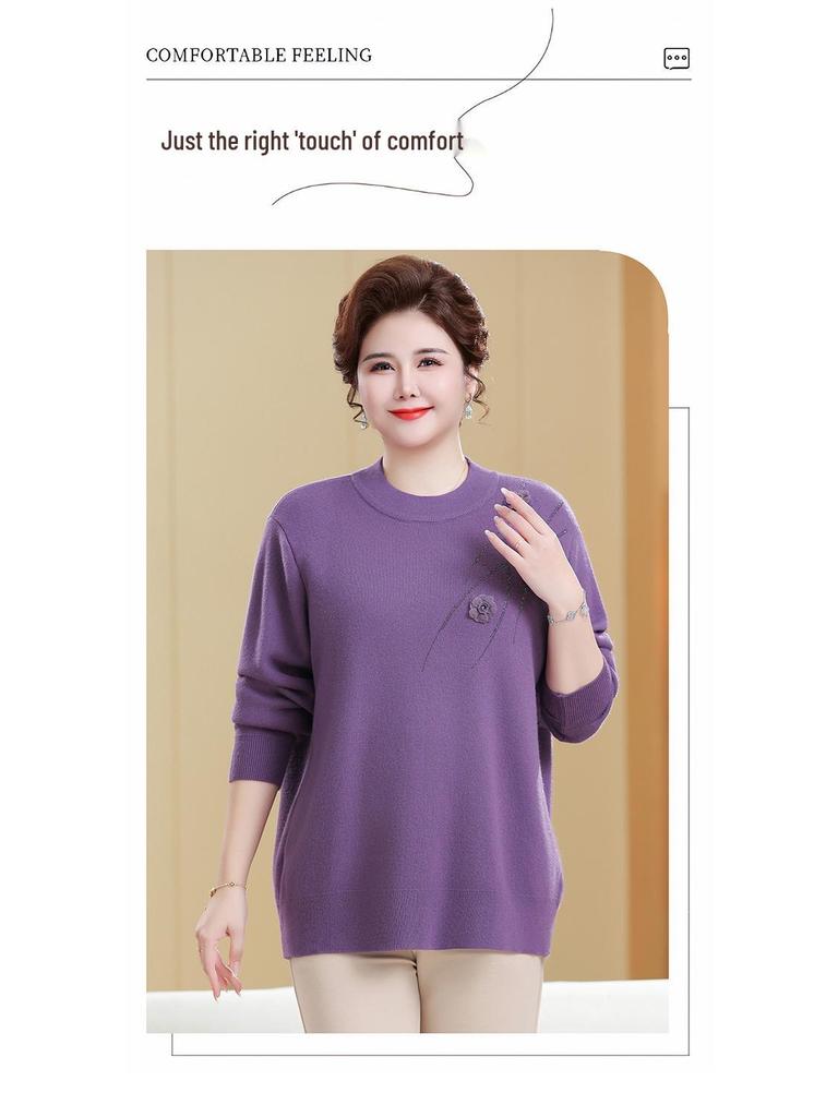 Knitted Fleece-Lined Sweater for Middle-Aged and Elderly Women - Plus Size, Autumn/Winter