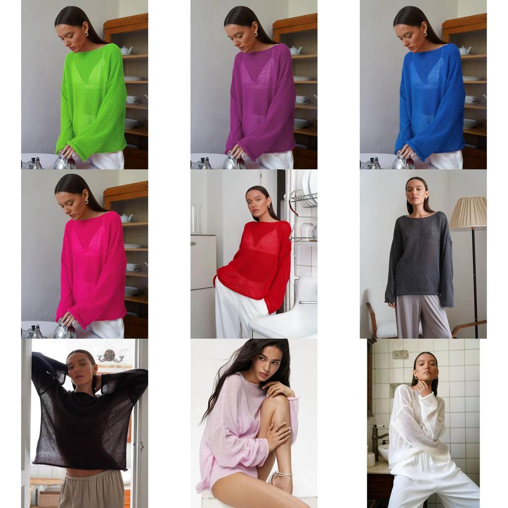 Polyester Knit Sweater With Openwork Lace Design Bell Sleeve Round Neck Summer Layering Top