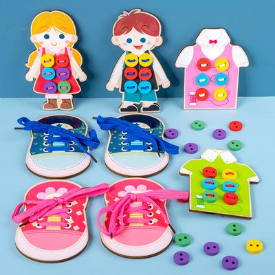 Children's Threading Toy Wooden Montessori Tie Shoelace Clothes Buttons Training Life Skills Teaching Aid Clothes Threading Game