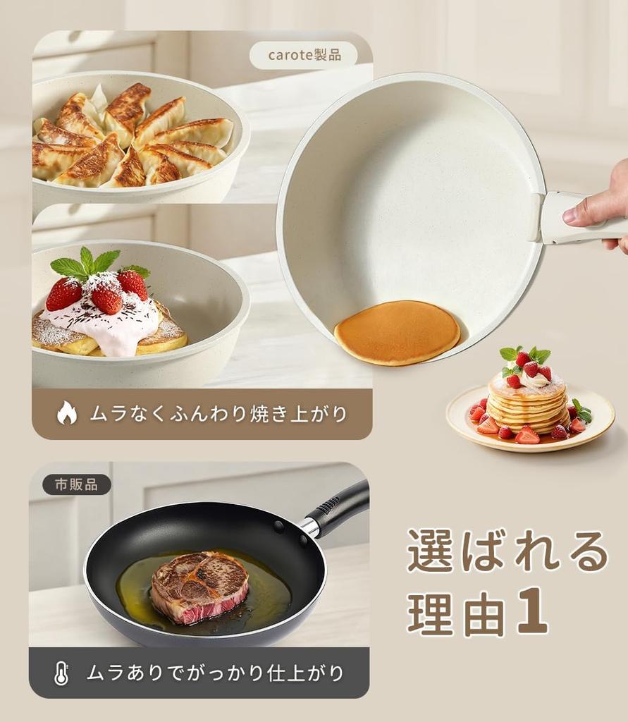 CAROTE 5-Piece Cookware Set (IH & Gas Stove Compatible, PFOA & PFOS Free, 5-Layer Construction, Lightweight, Detachable Handles, 16cm & 20cm Pots,