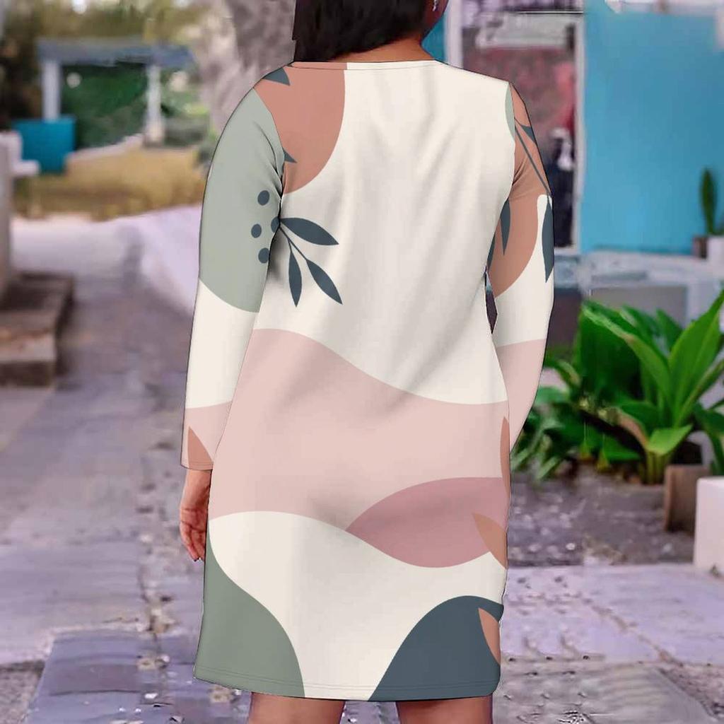 Women Plus Size V Neck Long Sleeve Printed Fitted Straight Dress