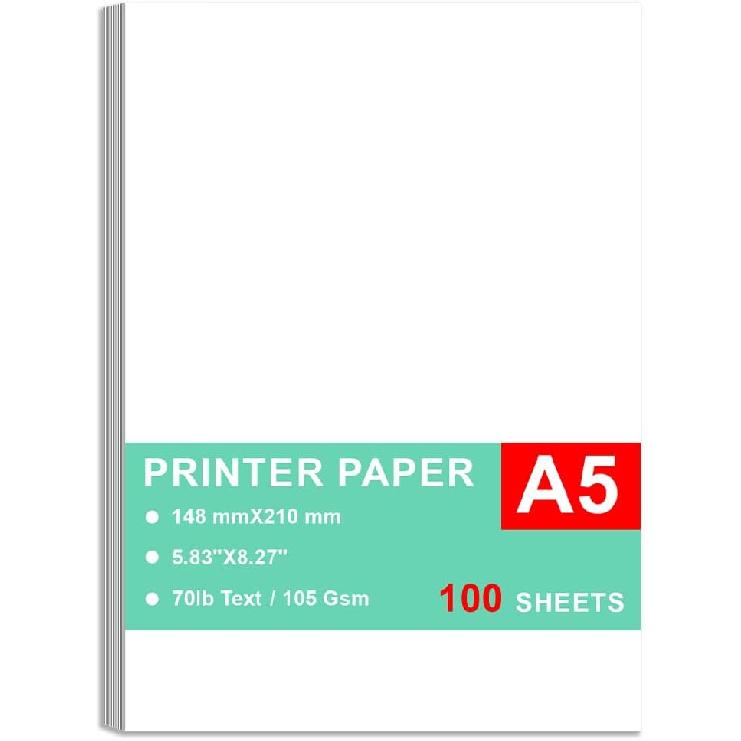 Printer Paper - 100 Sheets, A5 Premium Bright White Paper, 28lb Bond / 70lb Text (105 gsm) Bright White Paper – Great for Copy, Printing, Writing, 100