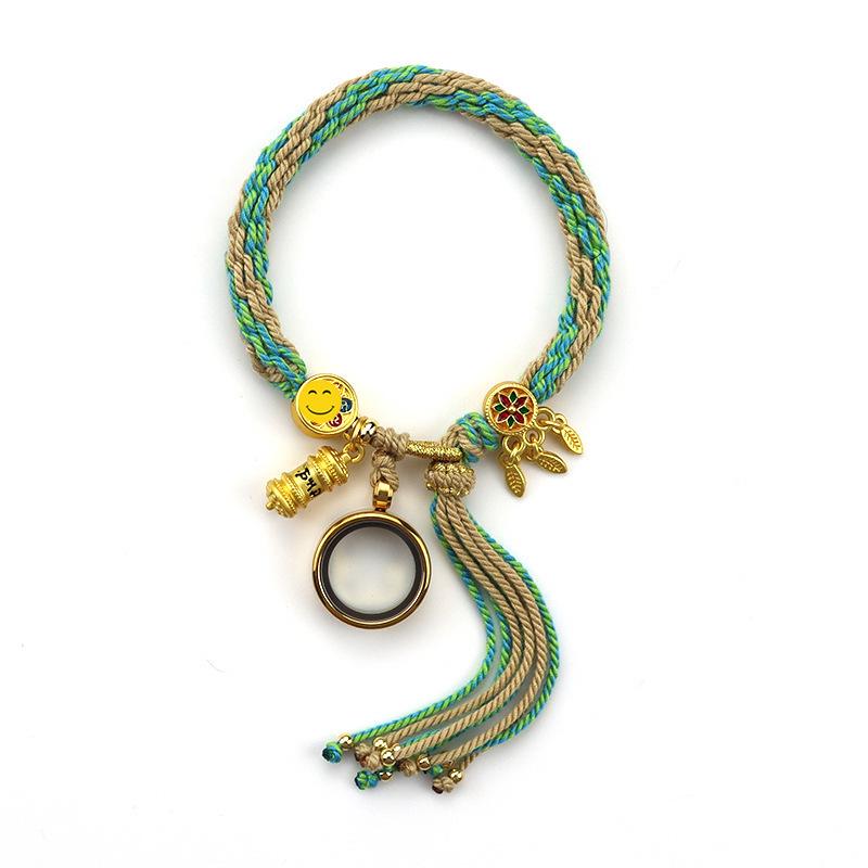 Woven Zhakiram Five Wealth Gods Eye Bracelet with Green Tara and Manjushri Thangka Design