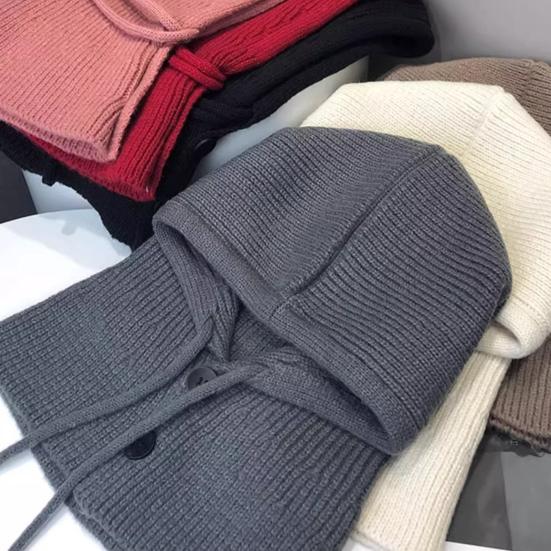 Huvförsedd halsduk mössa enfärgad justerbar dragsko överdragströja mössa knappar stängning stickad vintermössa lös passform halsvärmare