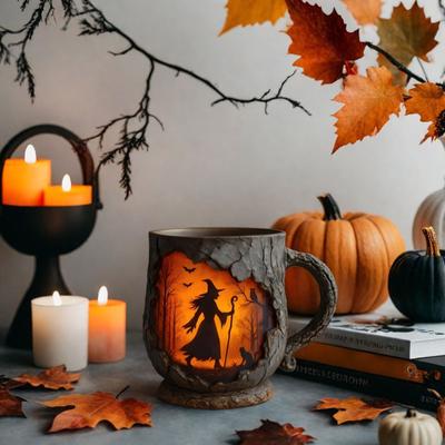 Vintage kávové hrnky Mystický čarodějnický hrnek s texturou kůry Halloweenový táborový hrnek Dárek pro outdoorové dobrodružství pro turisty milovníky přírody