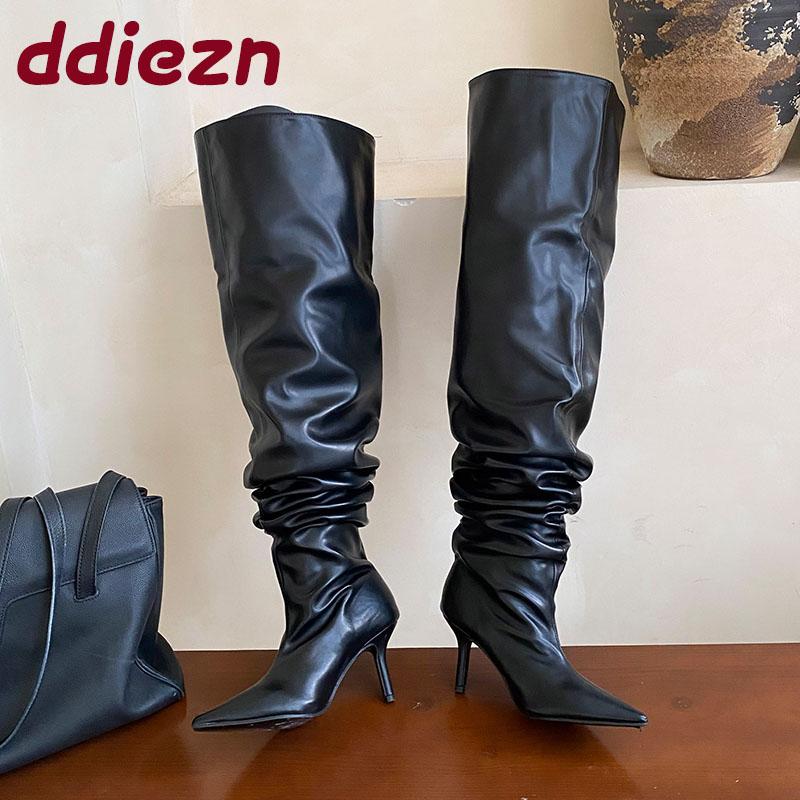 Fashion Fashion Pleated Ladies Modern Boots Slip On Shoes Pointed Toe Women Knee High Boots With Thin Heels Shoes Female Pumps