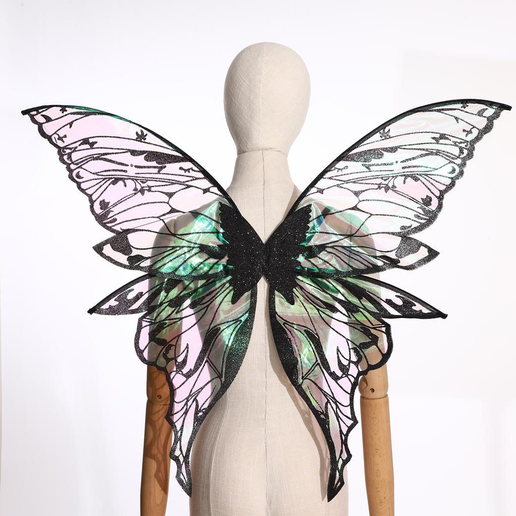 Glittery Butterfly Wings Costume Props - Elastic Strap Gold Stamp Decorated for Themed Party & Photography