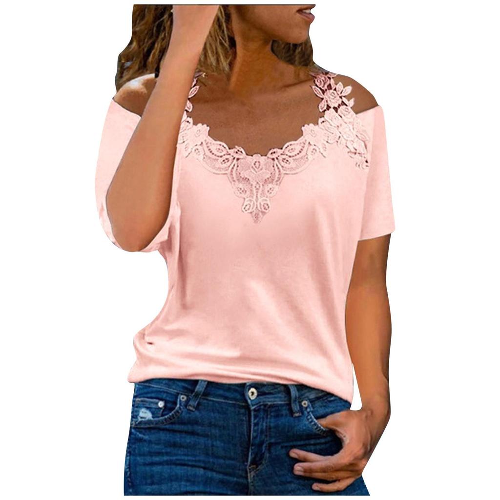 Damenmode Sommer Neue Einfarbig V-Ausschnitt Kurzarm Sexy Lose Spitze Leibchen Top