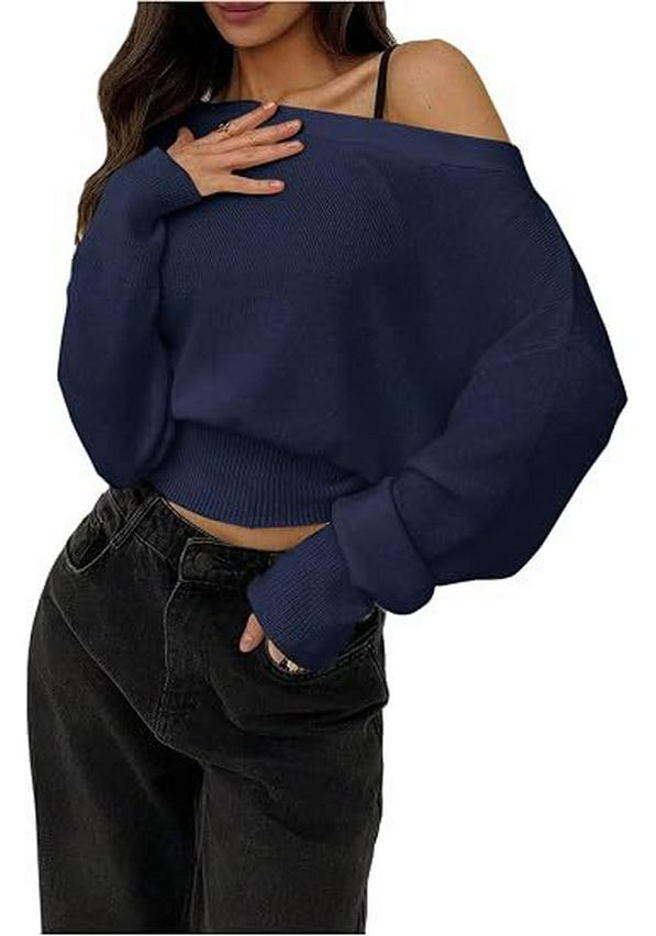 2026 Autumn/Winter European American Off-Shoulder Knit Sweater - Women's Solid Color Pullover, Long Sleeve Top