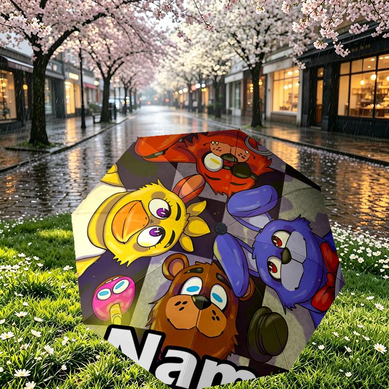 Custom Name Personalized Five Nights at Freddy's Print Umbrella, Auto Open Close, 8‑Rib Sturdy Frame, Commute Camping Hiking Use, Birthday Gift