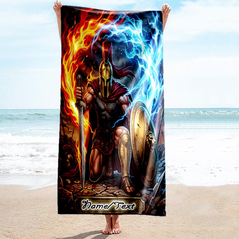 1PC Custom Name "Warrior's Flame Shield" Beach Towel Highly Absorbent And Sand-Resistant Towel for Swimming, Pool, Yoga, And Travel Lightweight