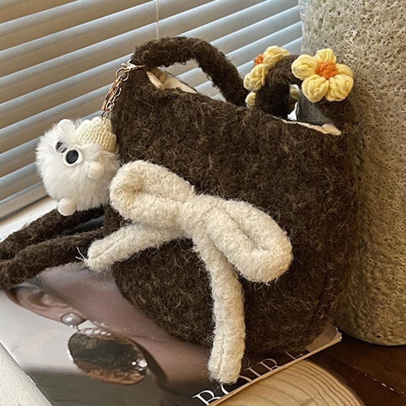 Macaron plush oval cute autumn new bag small crossbody shoulder backpack bow mobile phone bag