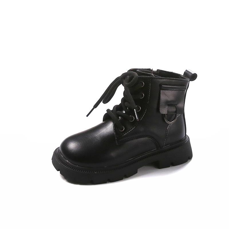 Children Platform Ankle Boots New Round-toe Black Boots for Girl Solid Color Causal Kids Fashion Short Leather Boots Side Zipper