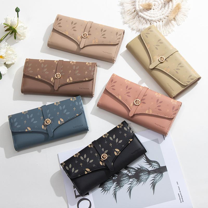 Women's Long Wallet with Printed Buckle Handle Bag Large Capacity Women's Leather Wallet