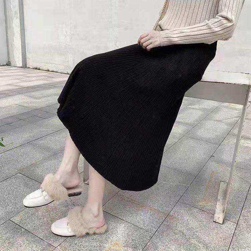 Autumn Winter Knitting Solid Color Pleated Skirt Female High Waist All-match Mid-length A-line Skirt