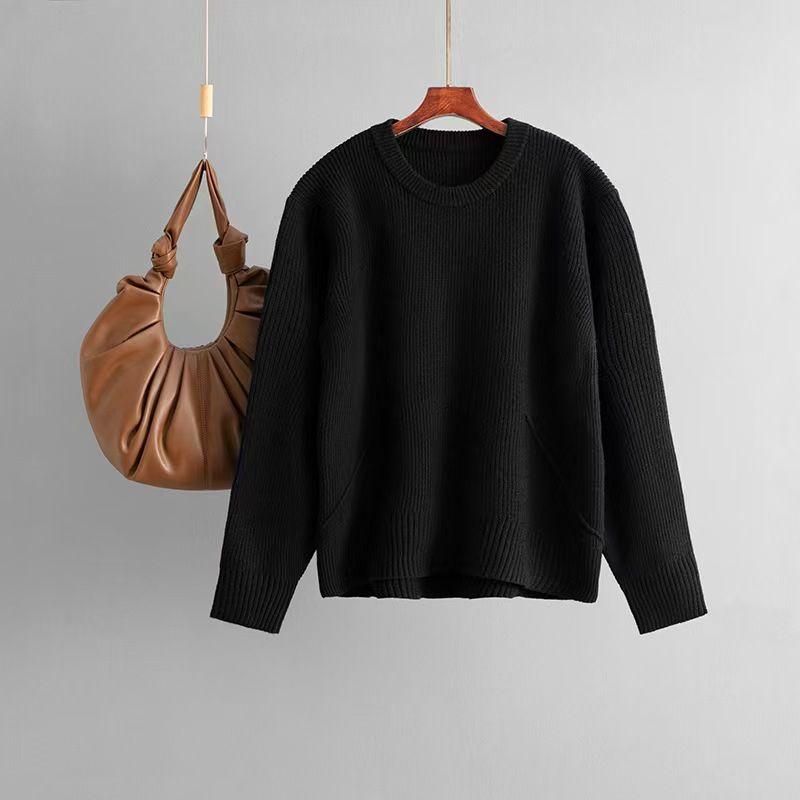 

Fashion Style New Arrival Knitting round Neck Sweater Minimalist Loose Tops Knitted round Neck Neck Sweater Black One size