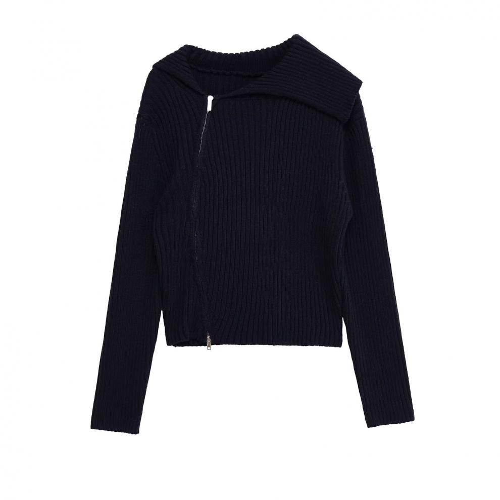 European and American Style, New Women's Clothing, Fashionable, Versatile, Cross-border Zipper Threaded Lapel Knitted Jacket