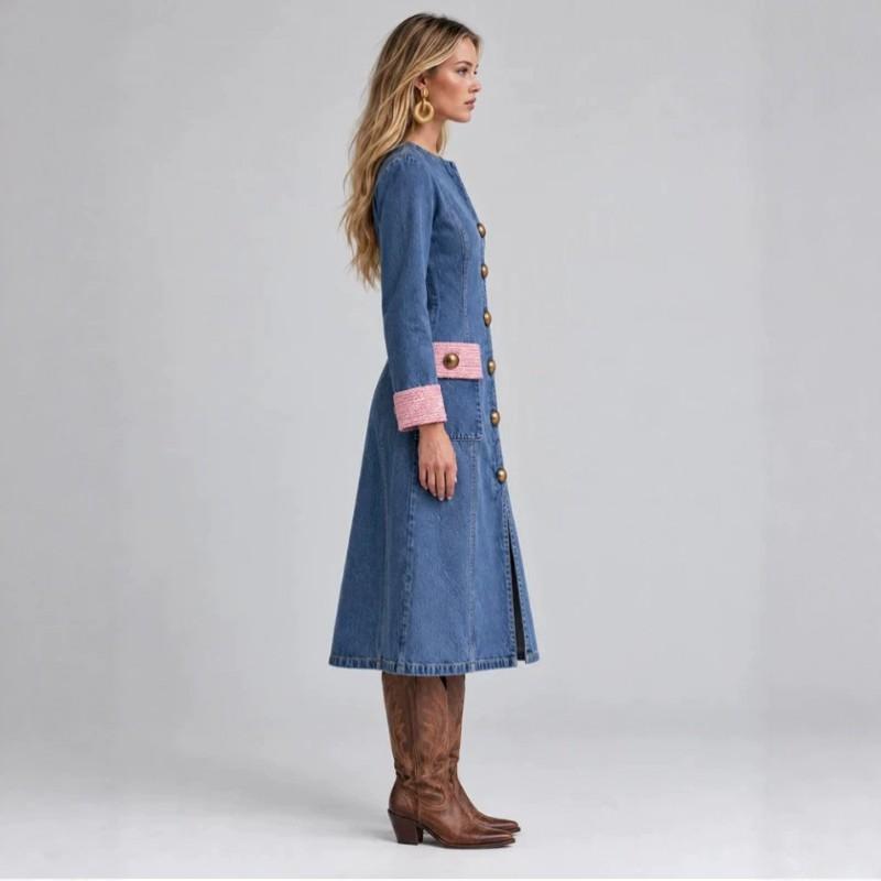 Elegant Vintage Tweed Trim Gold Button Split Denim Midi Dress