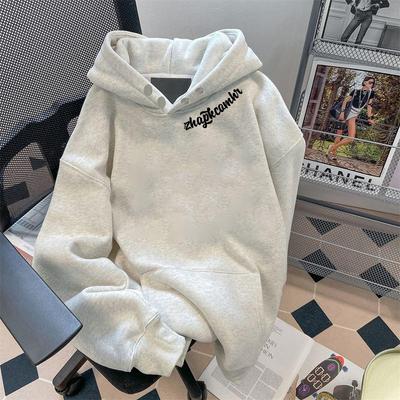 Autumn-Winter Men's Oversized White-Gray Hooded Sweatshirt, Plus Velvet, Loose Lazy Style, Trendy Versatile Jacket