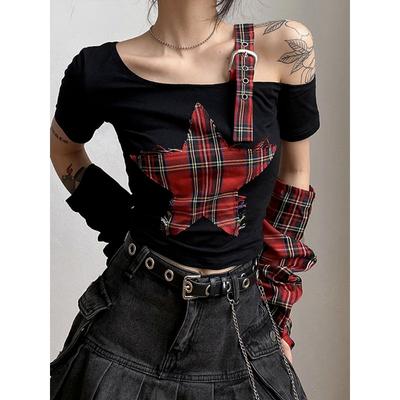 Tops cortos de retazos de estrellas para mujer, camiseta a cuadros, camiseta a la moda con un solo hombro Y2k, camisas de manga larga de Hada Grunge