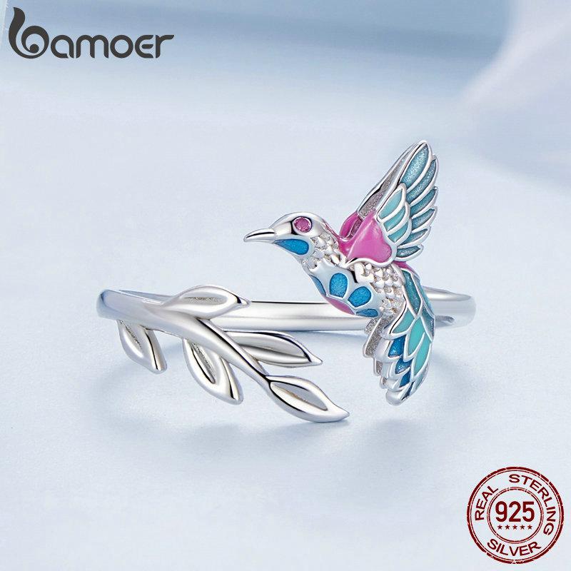 Inel de deschidere Kingfisher din argint Sterling 925 BAMOER Inel reglabil cu pasăre emailat colorat pentru femei, cadou de bijuterii fine de petrecere