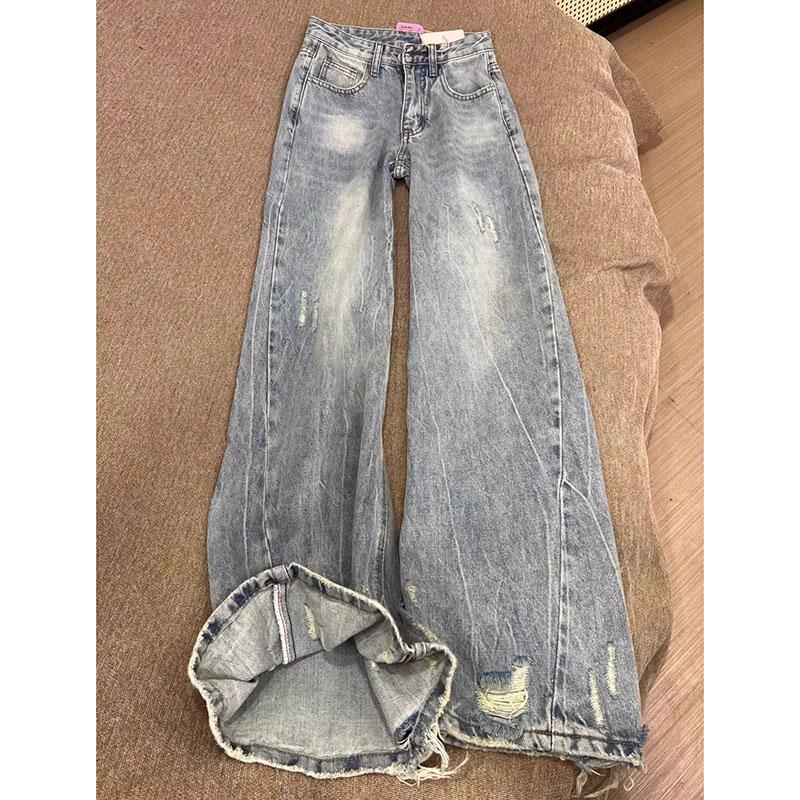 

Джинсы прямого кроя с дырками в винтажном стиле женские осенние свободные с высокой посадкой и широкими штанинами женские повседневные уличная одежда джинсы 2025 XL синий