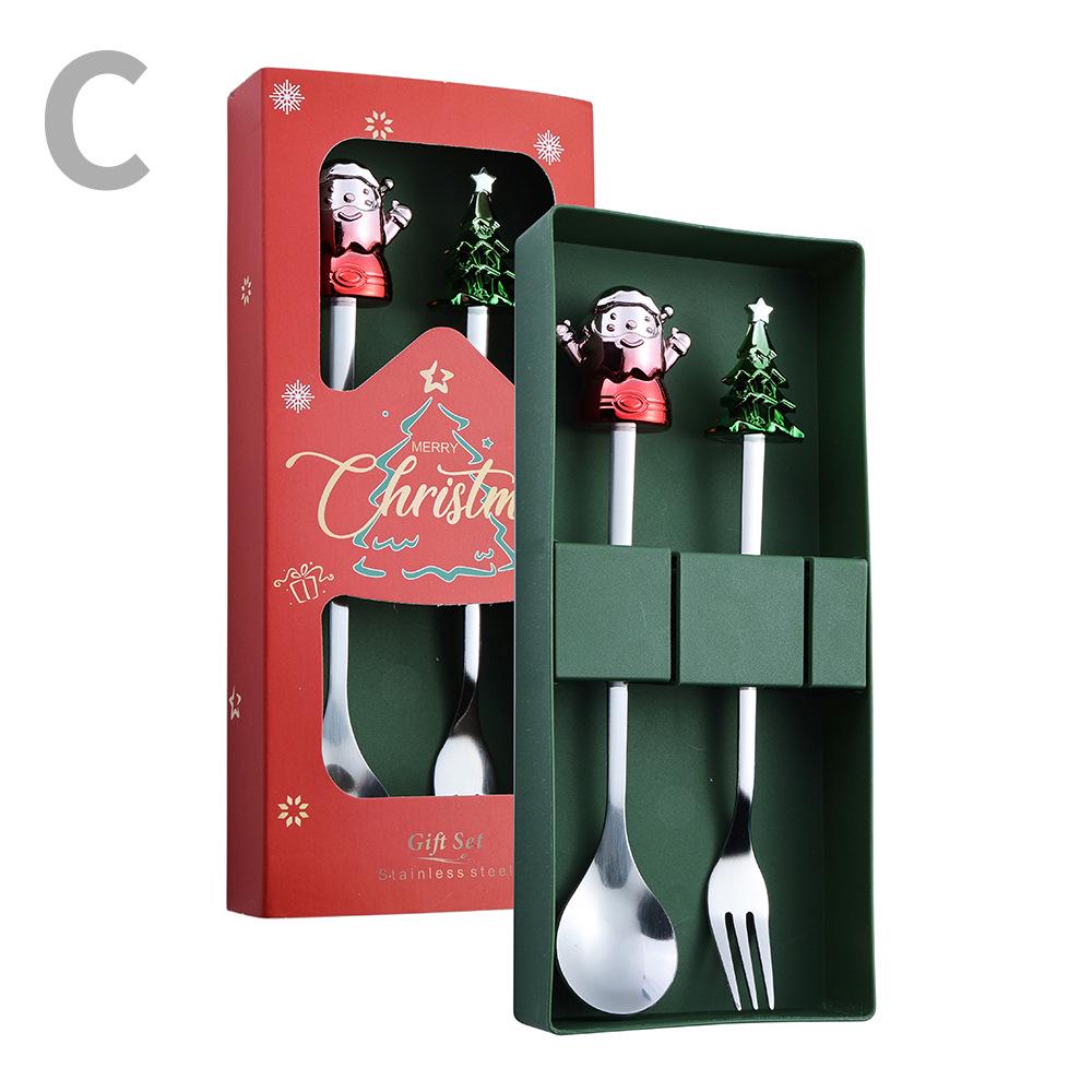 Cartoon Santa Claus Christmas Tree Coffee Dessert Spoon & Fork Gift Set
