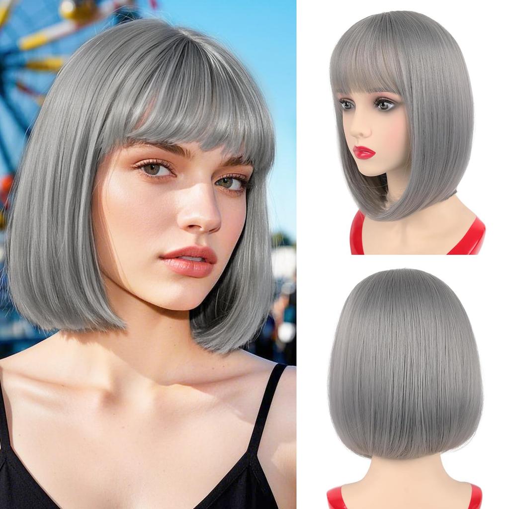 Bob Black Synthetic Wigs Straight Cosplay Short Daily Natural Looking Hair Wig with Bangs Heat Resistant Fiber for Women Afro