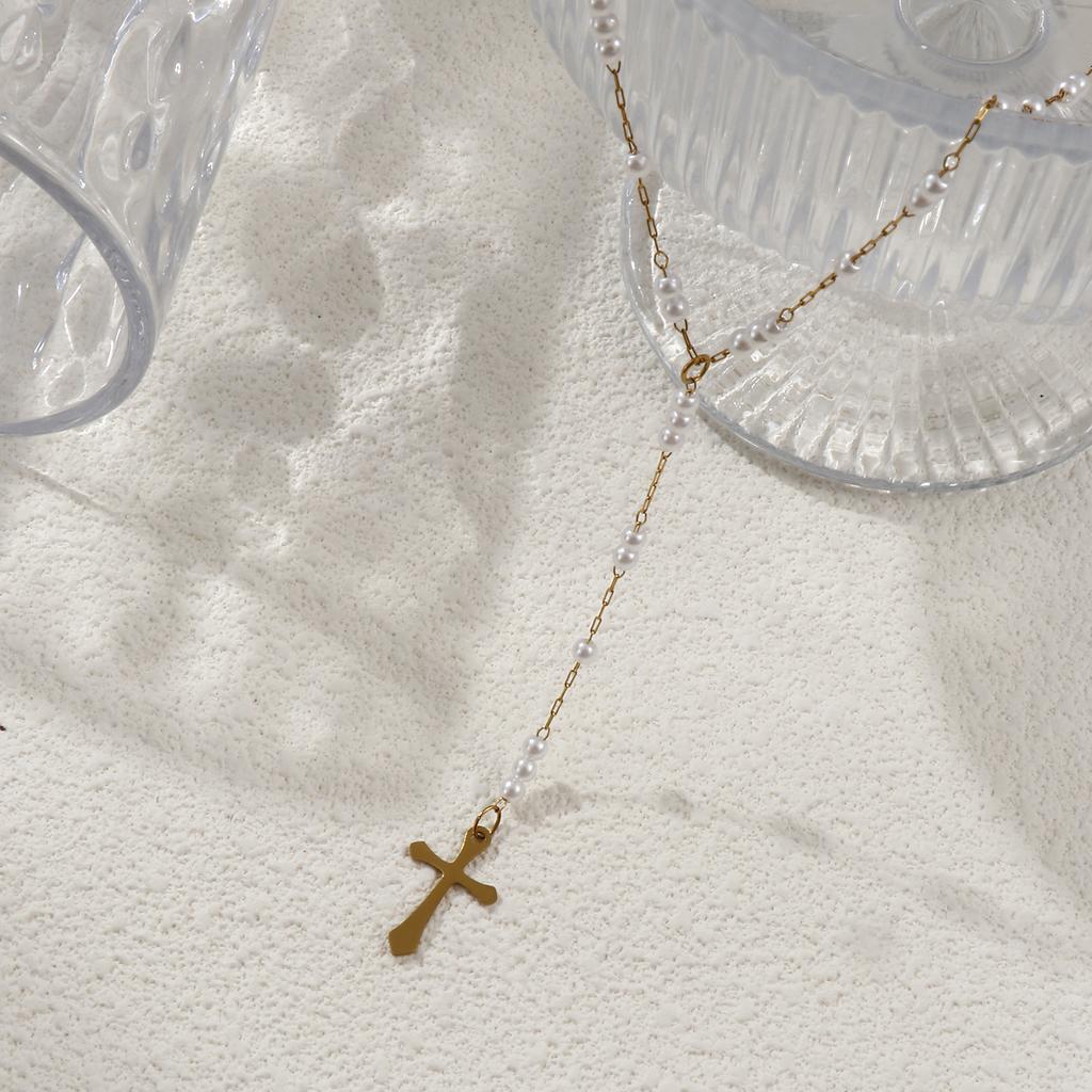 Collana con Ciondolo Croce in Acciaio Inossidabile 304 Placcata Oro 18K Reale Catena a Maglia Cavo Perline Rosario Collana a Goccia Forma a Y