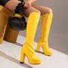 PU lakovaná kůže Oranžová Žlutá Zelená Sexy boty Plus velikost 47 48 Westernová platforma Robustní vysoké podpatky ke kolenům vysoké strečové boty Dámské plesové boty na párty