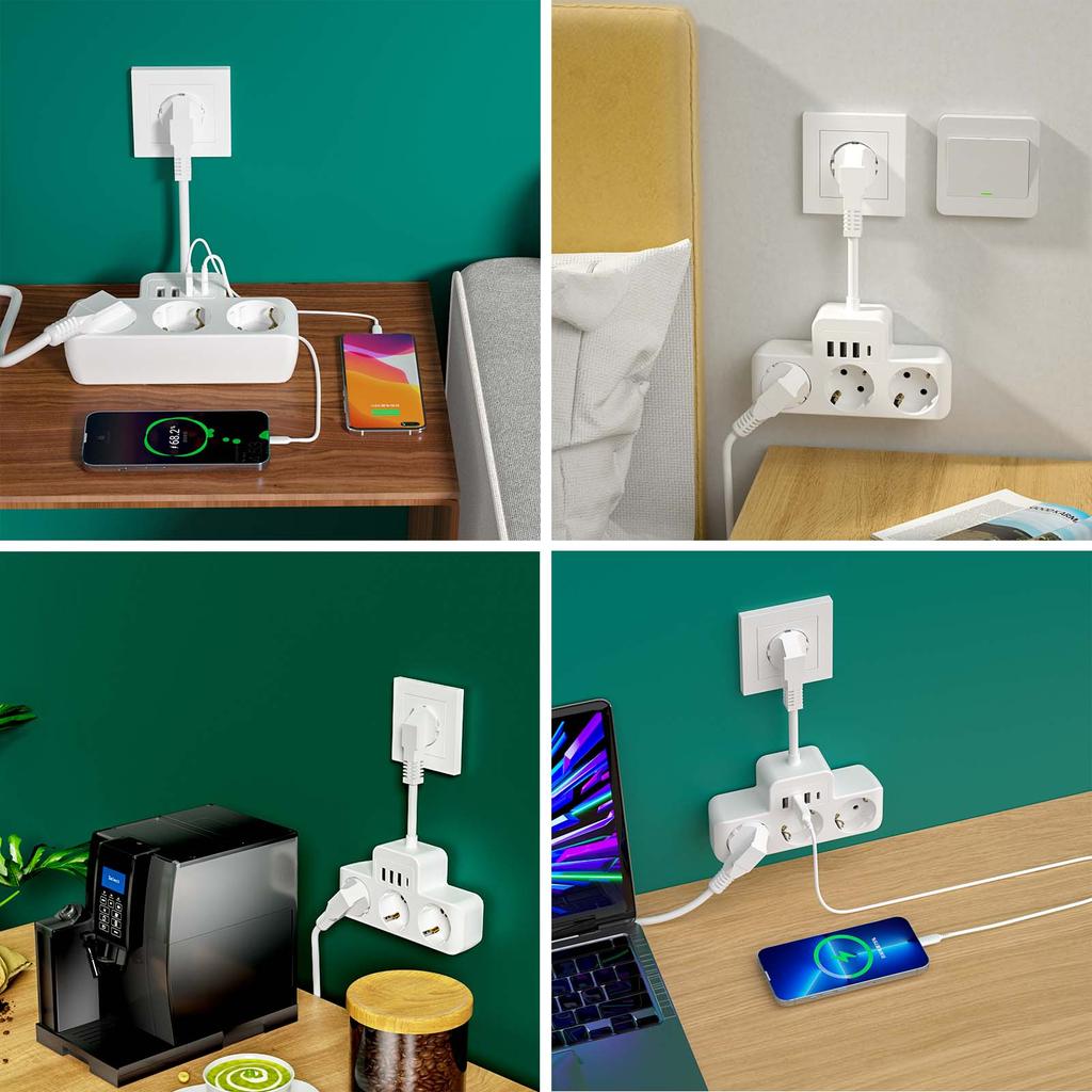 EU Plug Power Strip with 3 USB Type C Fast Charge, Multiple Socket Wall Plug Adapter Electric Outlet Surge Protector for Home