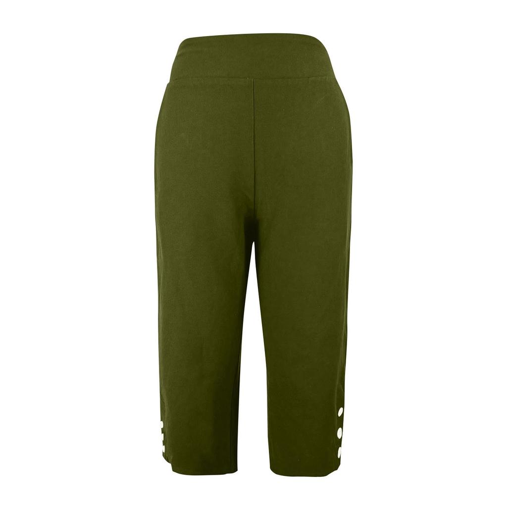 Damen Capri-Hose mit hohem Bund, dehnbar, lässige verkürzte Hose mit Seitentaschen und Knopfdetail am Bein