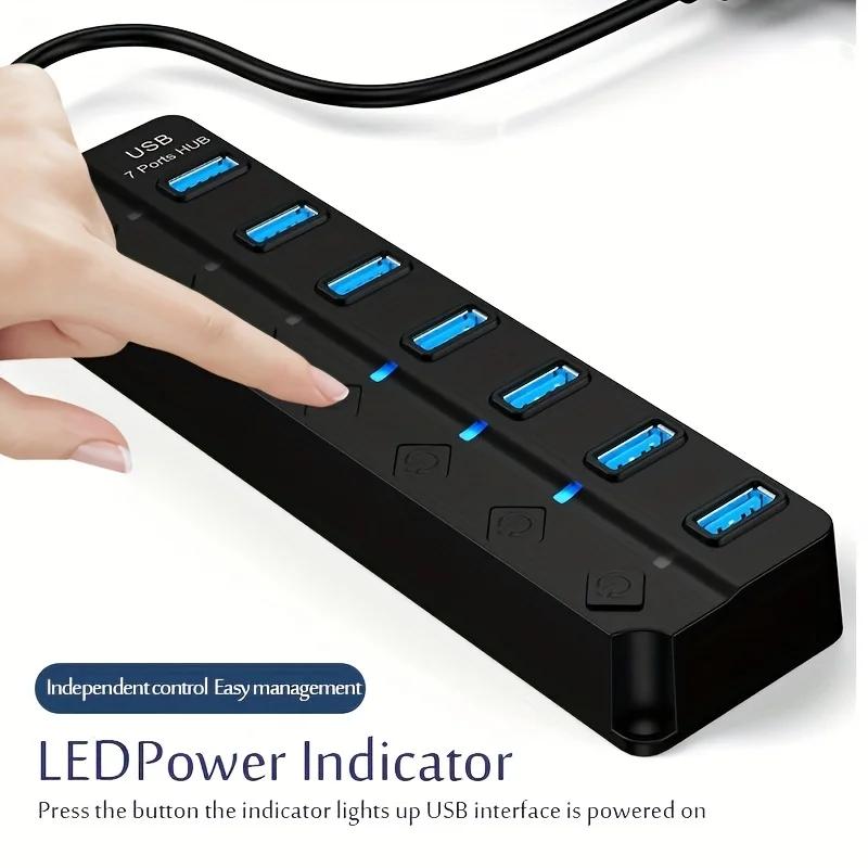 LED Göstergeli, Bağımsız Anahtar Kontrollü 4/7 Portlu USB 3.0 Hub (Dizüstü Bilgisayar, Flash Bellek, Sabit Disk, Yazıcı, Kamera, Klavye için)