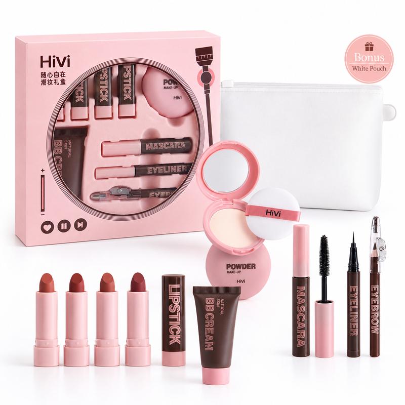 9-delige Make-up Cadeauset voor Vrouwen, Alles-in-één Lippenstift Mascara Oogpotlood BB Crème Poeder Compact, Reis Beauty Kit voor Beginners