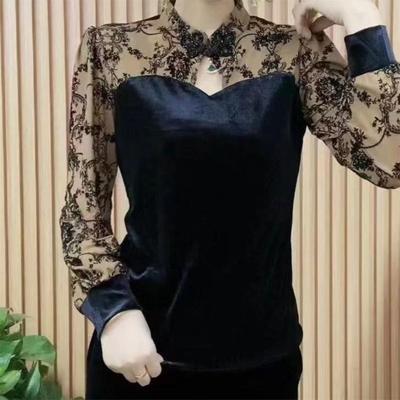 Autumn Winter New Hollow Out Mesh Bottoming Shirt Elegant Buckle Long Sleeve Blouse Fashion Mom's Clothing L-4XL