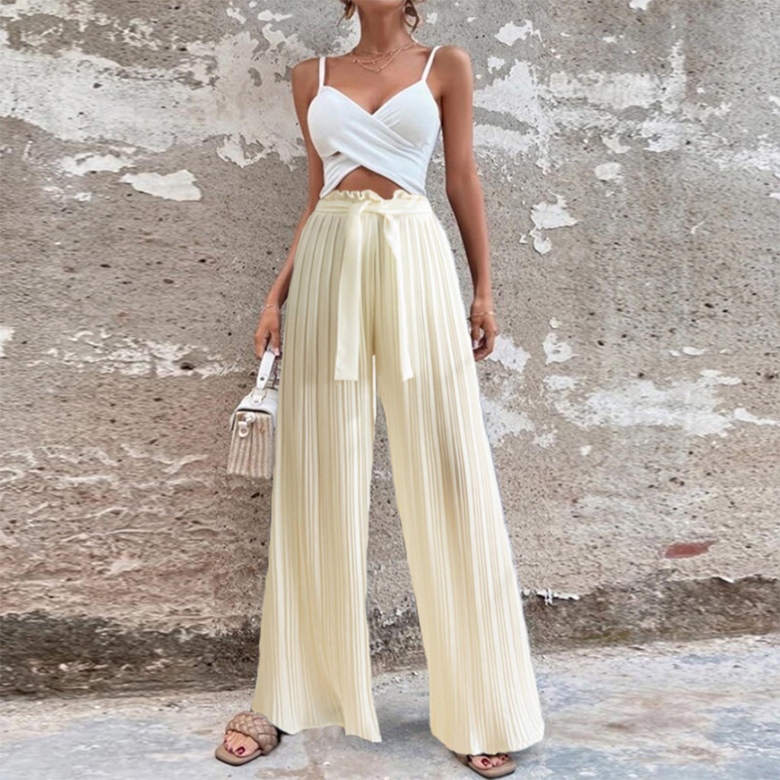 

Женские повседневные шифоновые брюки с ленточным галстуком, свободные плиссированные широкие брюки XL бежевый