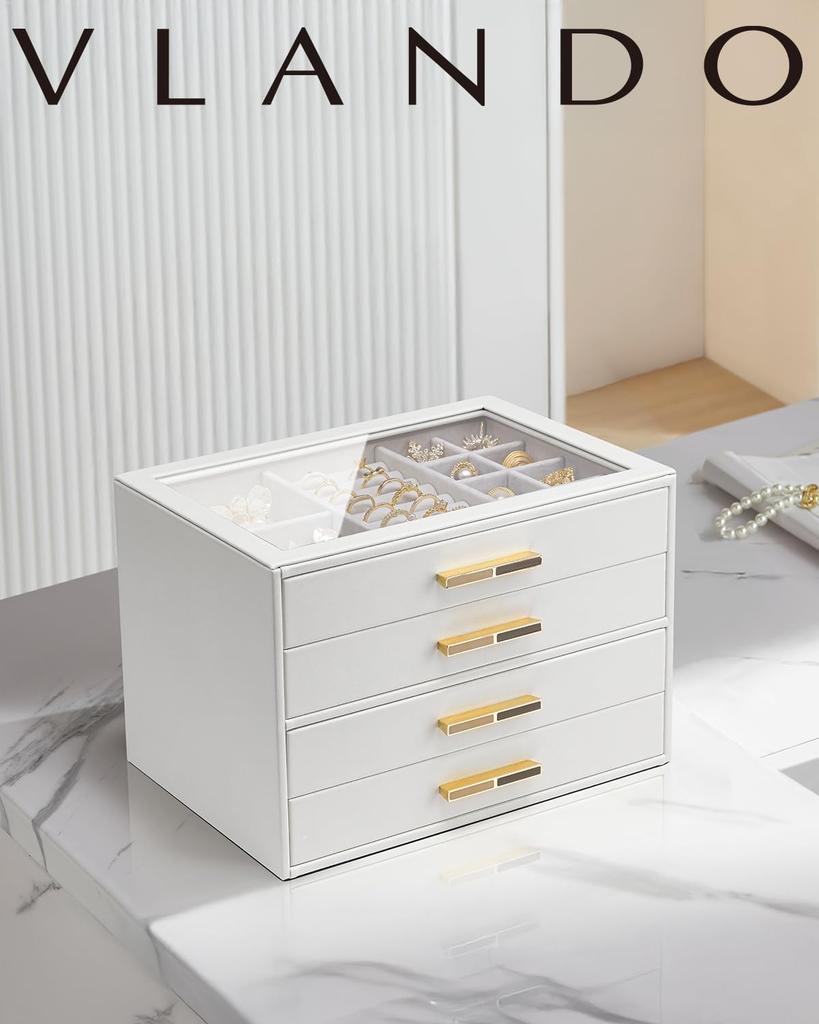 Vlando Glass Lid 4 Drawer Jewelry Box Jewelry Box for Accessories Storage Organizer Women's Necklaces, Rings, Earrings, Bracelets,