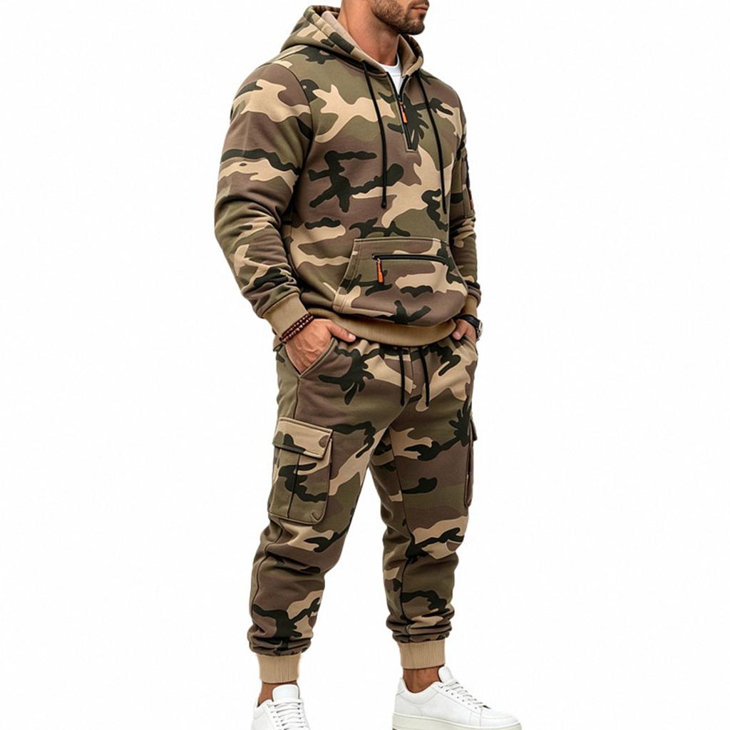 Men's Camouflage Hooded Sweatshirt and Sweatpants Set - Casual Athletic for Cold