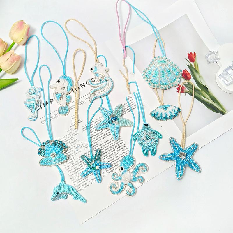 3D Ocean Theme Patches Handmade Rhinestone Beaded Patches with Hanging Rope Crystal Bag Lanyard Patch Beading Applique