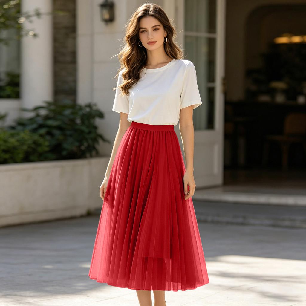 Ladies' Casual And Fashionable Mesh Half Skirt Long Skirt