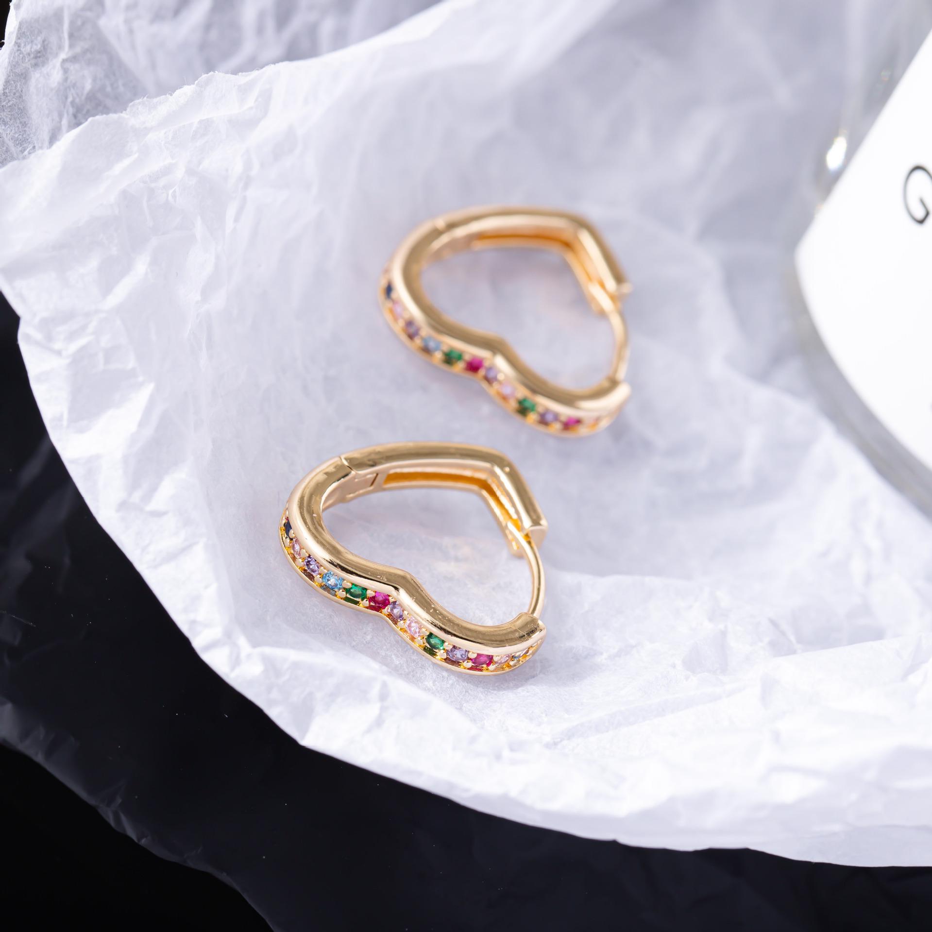 European & American Zircon Heart-Shaped Earrings: High-End Colored Diamond Hoops for Women