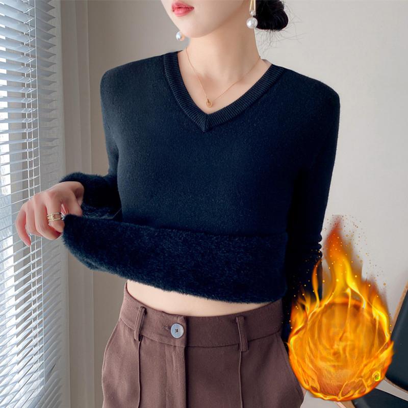 V-neck Sweater for Women Autumn and Winter Thick Knit Sweater with Added Velvet Long Sleeved Solid Color Warm Pullover