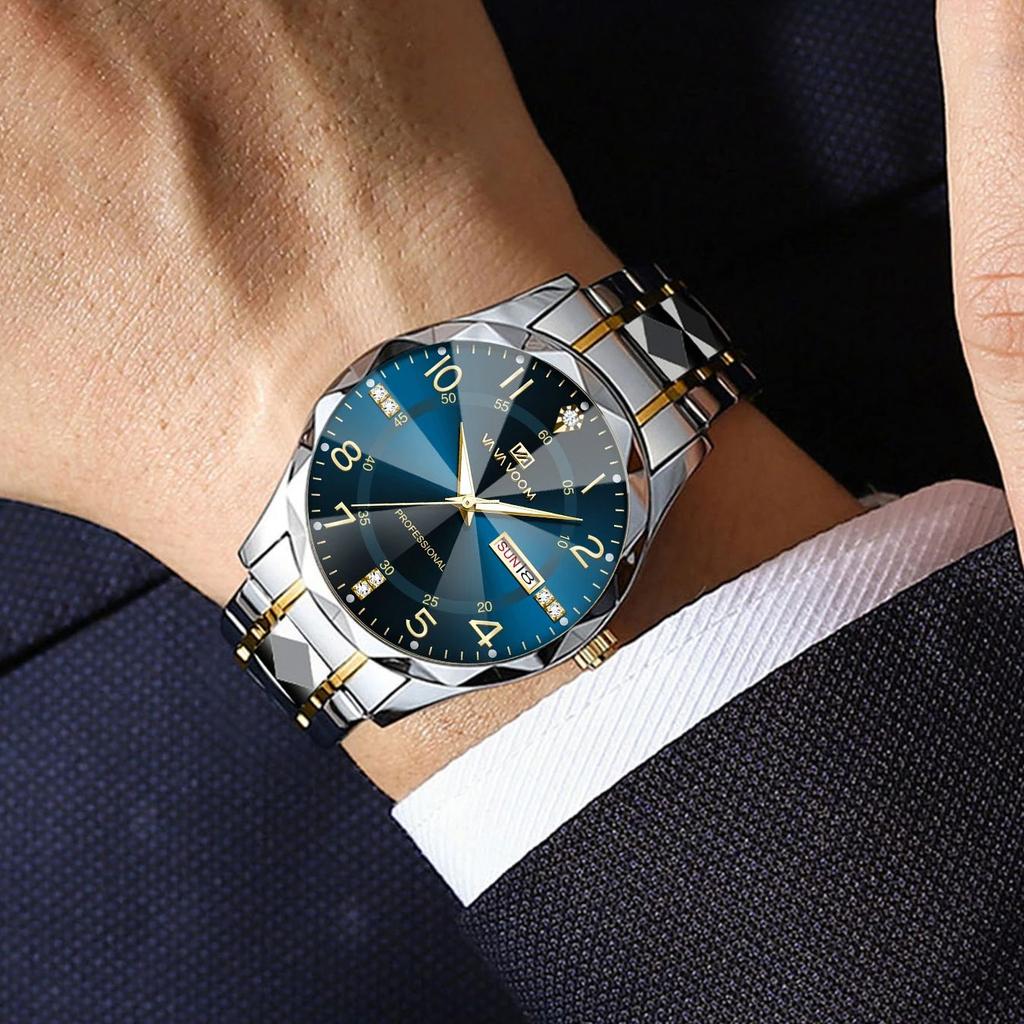 Men Watch Water Diamond Luxury Night Glow Double Calendar Quartz Movement 41mm Blue Gold Stainless Steel Fashion Business Watch