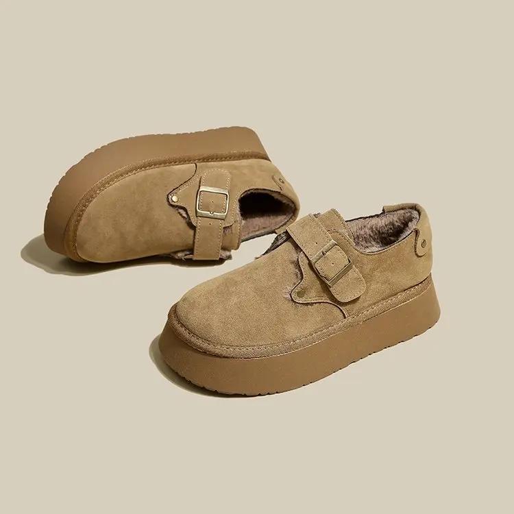 

Winter Cotton Shoes Women 2026 New Leather Thick Sole with Velvet Le Fu Cotton Shoes Women s One Foot Lazy Ankle Boots Platform 35 абрикосовый